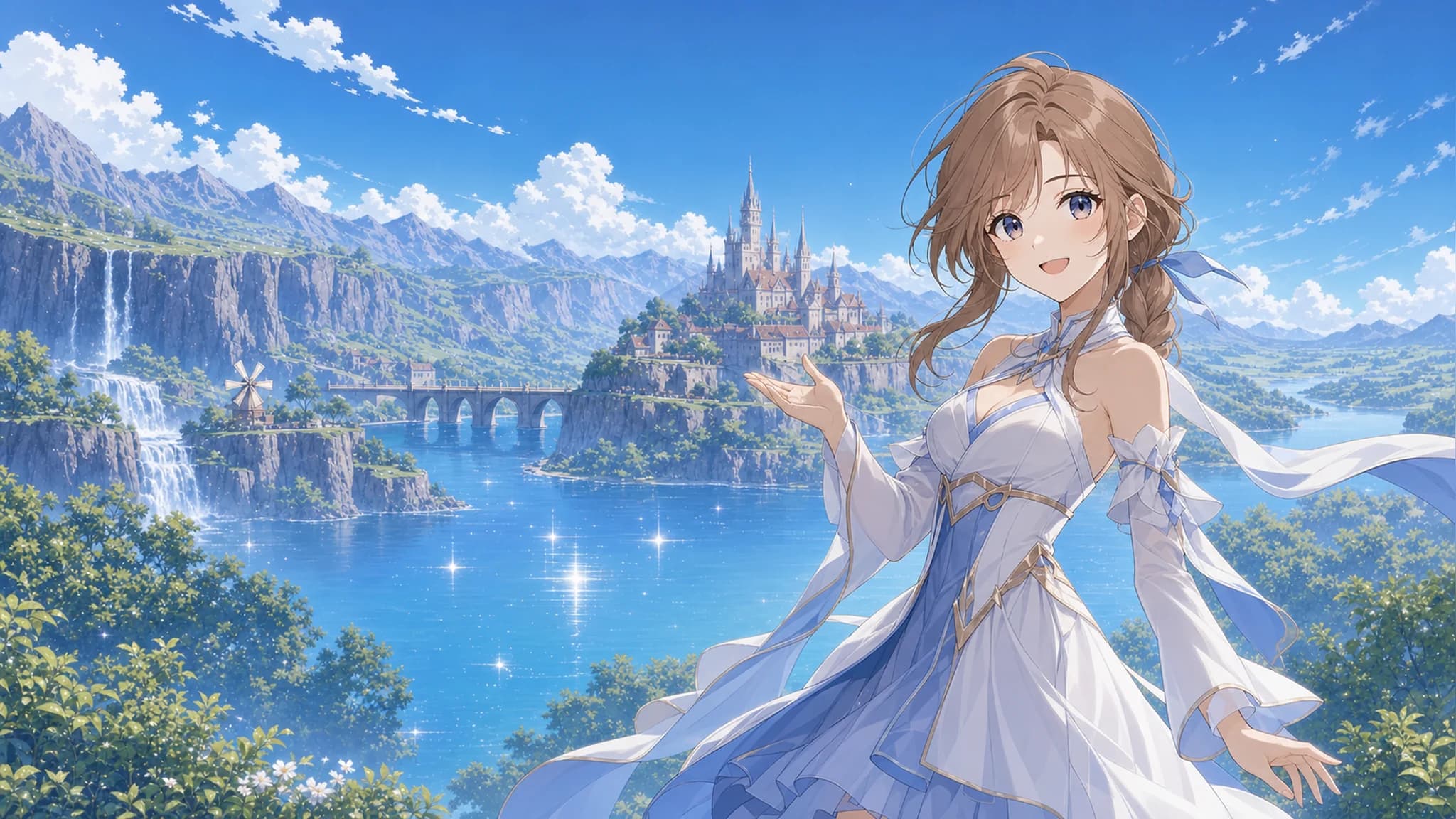 原创白裙少女侧身引路,眼前是闪光的湖泊、瀑布断崖与山巅城堡。
