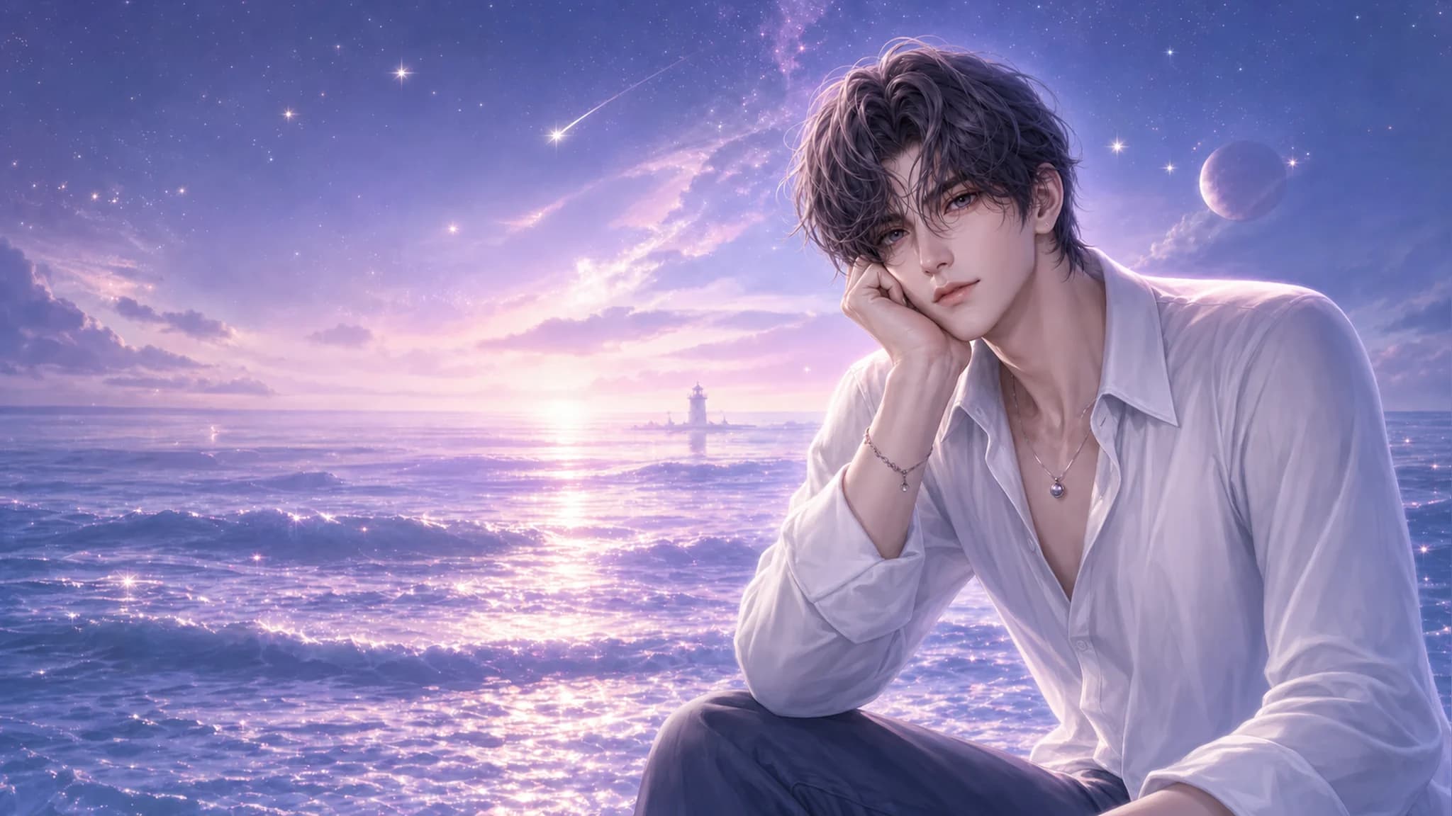 原创少年倚坐在闪光的紫色晨曦海边,远处有灯塔与流星。