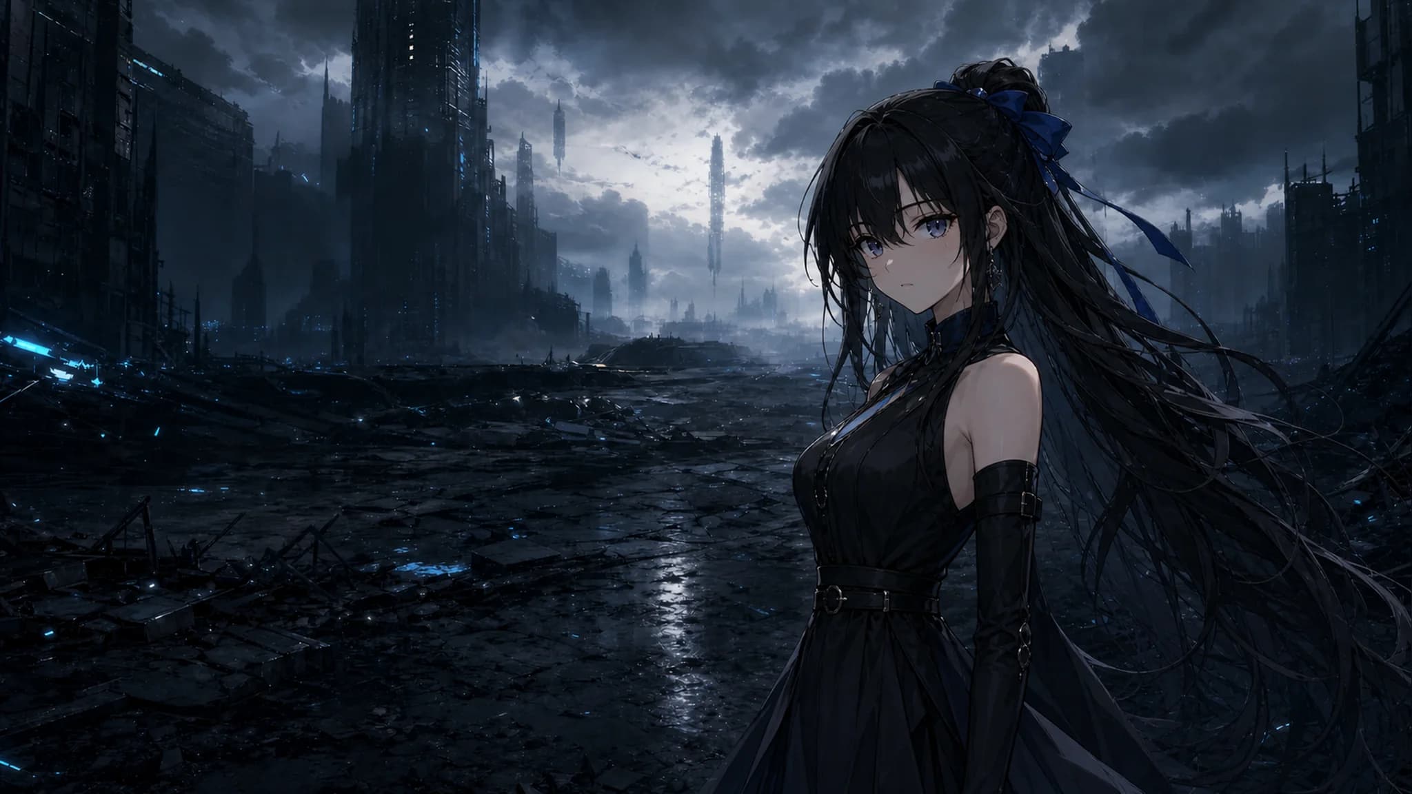 原创蓝丝带少女站在雨后的废墟都市里,地面倒映着青色微光。