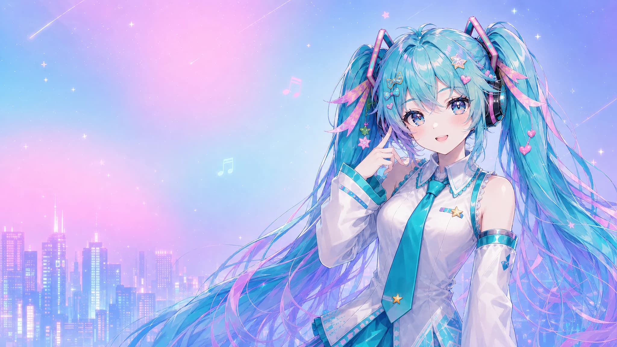 原创星空女神,青绿长发披肩,音符飘过粉彩天空,脚下是流光数字天际线。