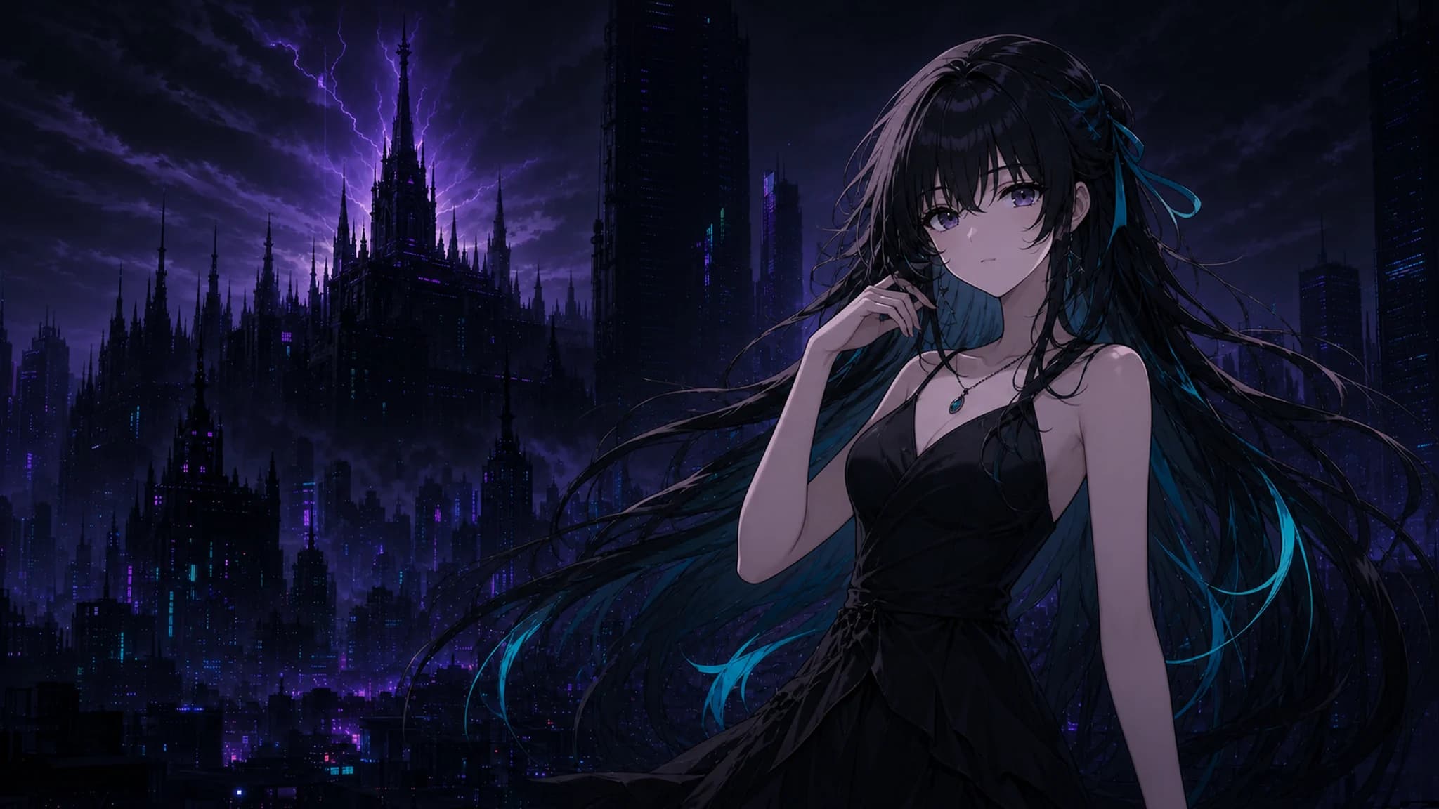 原创黑长直少女发间透着青色,身后是紫色闪电下的哥特夜城。